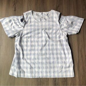 J.Jill Cold Shoulder Gingham Top Size XL Grey-Blue White Plaid Flowy Lightweight